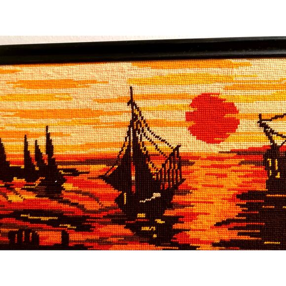 Vintage Framed Needlepoint Art 70s Handmade Oblong yellow Orange Coastal Water - Picture 3 of 5